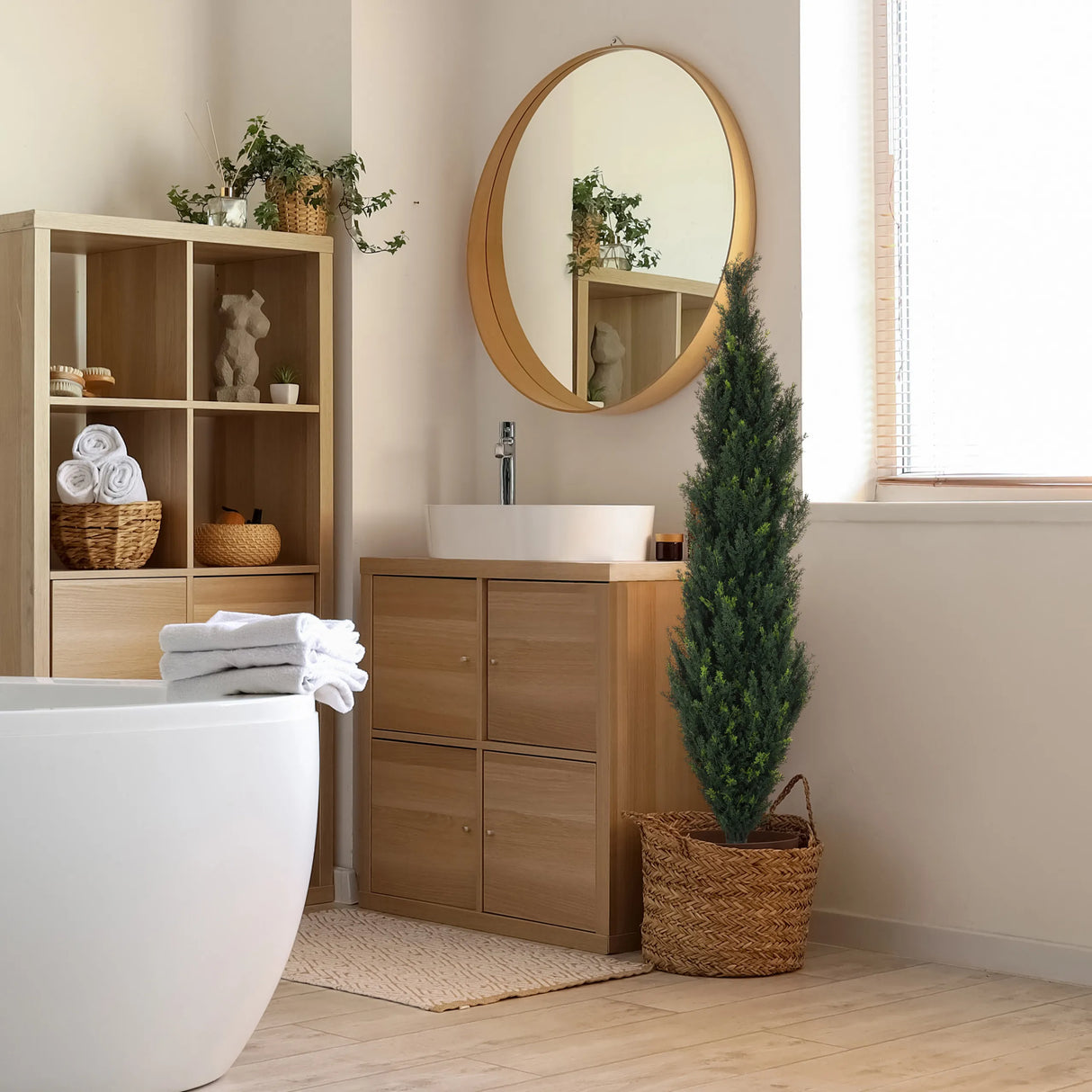 Grüne Kunstpflanze CEDRUS in einem geflochtenen Korb neben einem Badezimmerschrank von hjh OFFICE