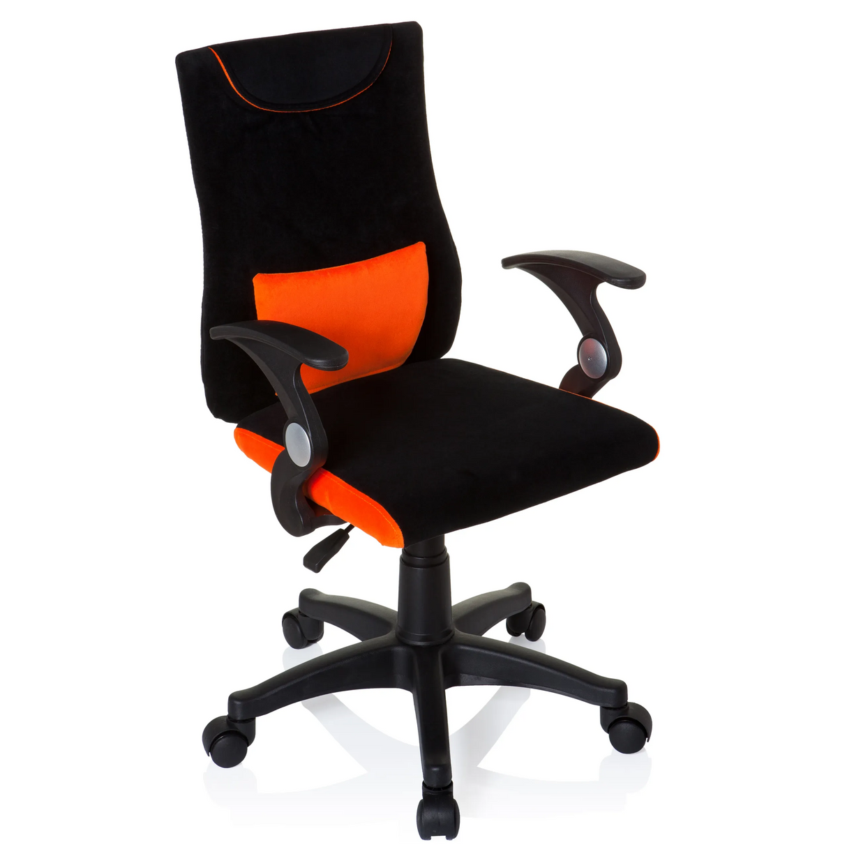 Schwarz-orangefarbener Kinderdrehstuhl KIDDY PRO AL mit Lendenkissen und Fußkreuz mit fünf Rollen von hjh OFFICE – 360-Grad-Ansicht (schräge Frontansicht 40°)