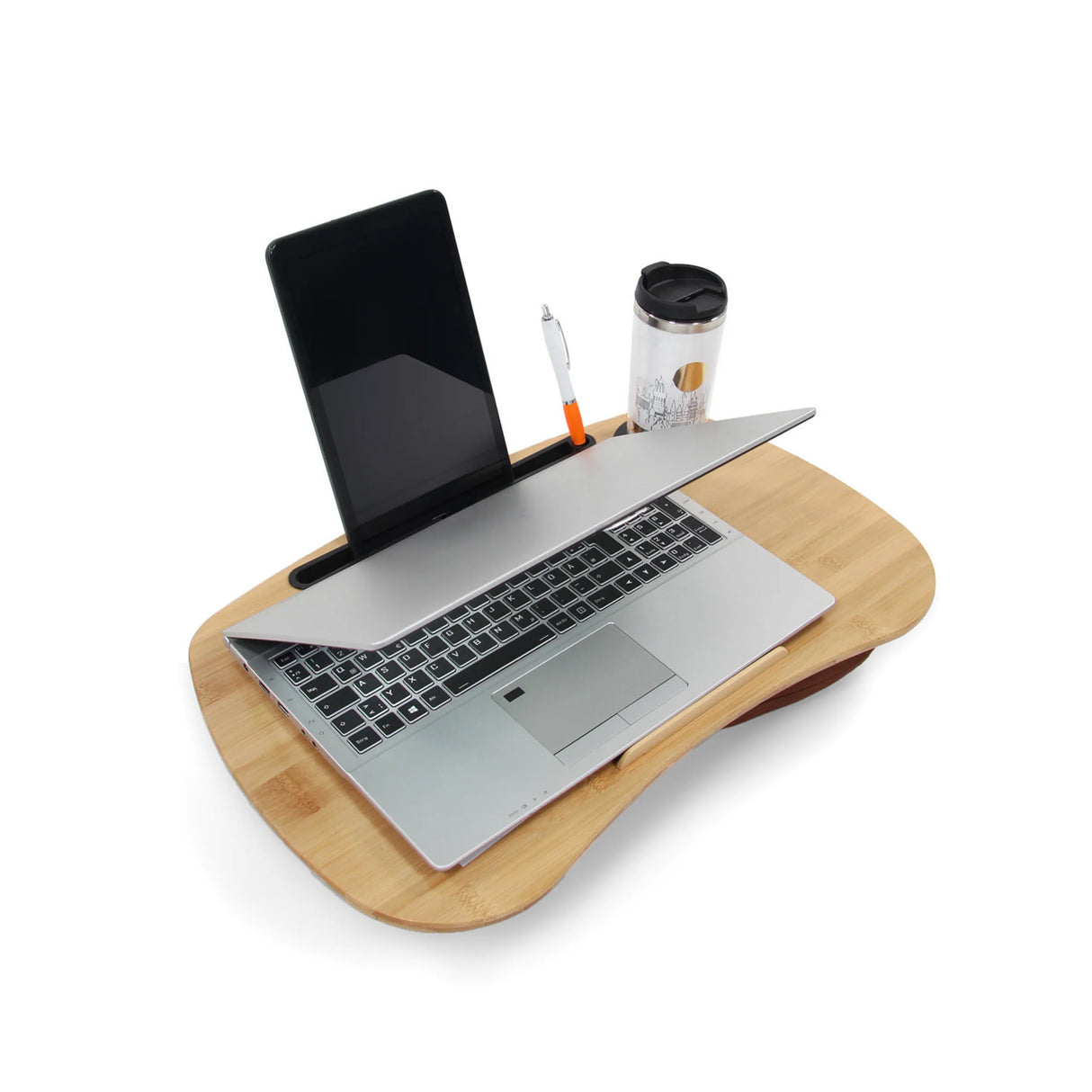 Braune Laptopunterlage COMFILAP I aus Bambus mit Laptop, Stift und Becher von hjh OFFICE