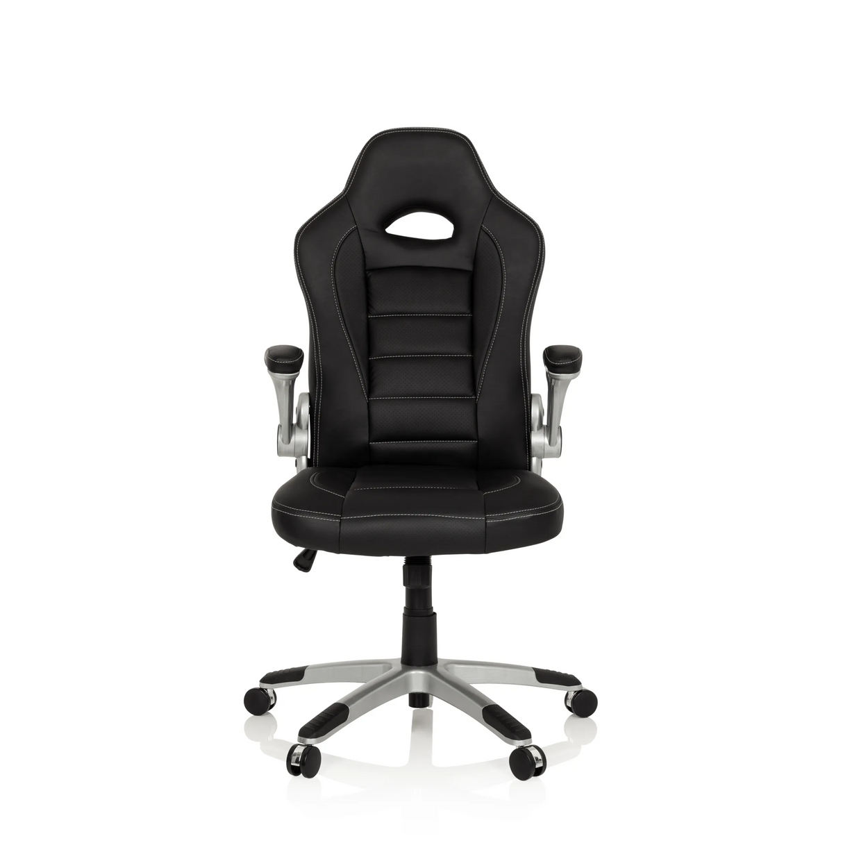 Schwarzer Gamingstuhl GAME SPORT mit Kopfstütze, Armlehnen und silbernem Fußkreuz mit fünf Rollen von hjh OFFICE – 360-Grad-Ansicht (Frontansicht 0°)