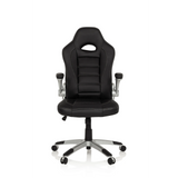Schwarzer Gamingstuhl GAME SPORT mit Kopfstütze, Armlehnen und silbernem Fußkreuz mit fünf Rollen von hjh OFFICE – 360-Grad-Ansicht (Frontansicht 0°)