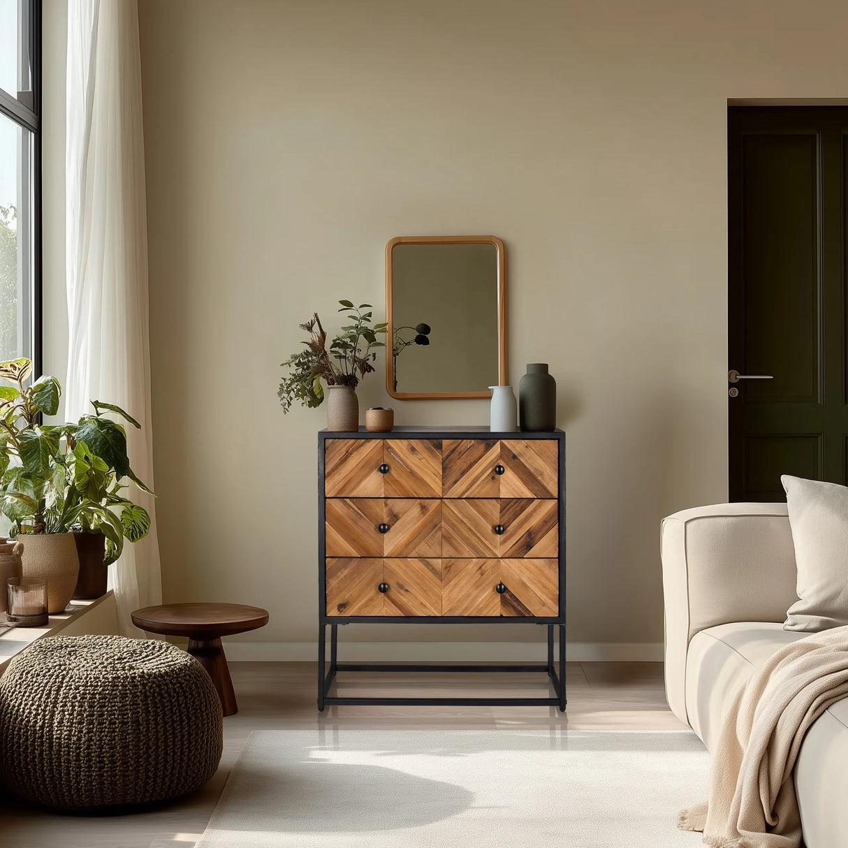 Sideboard SANTJAGO BLACK SUN L mit drei Schubladen in Holzfarben dunkel und schwarzem Metallgestell von hjh LIVING