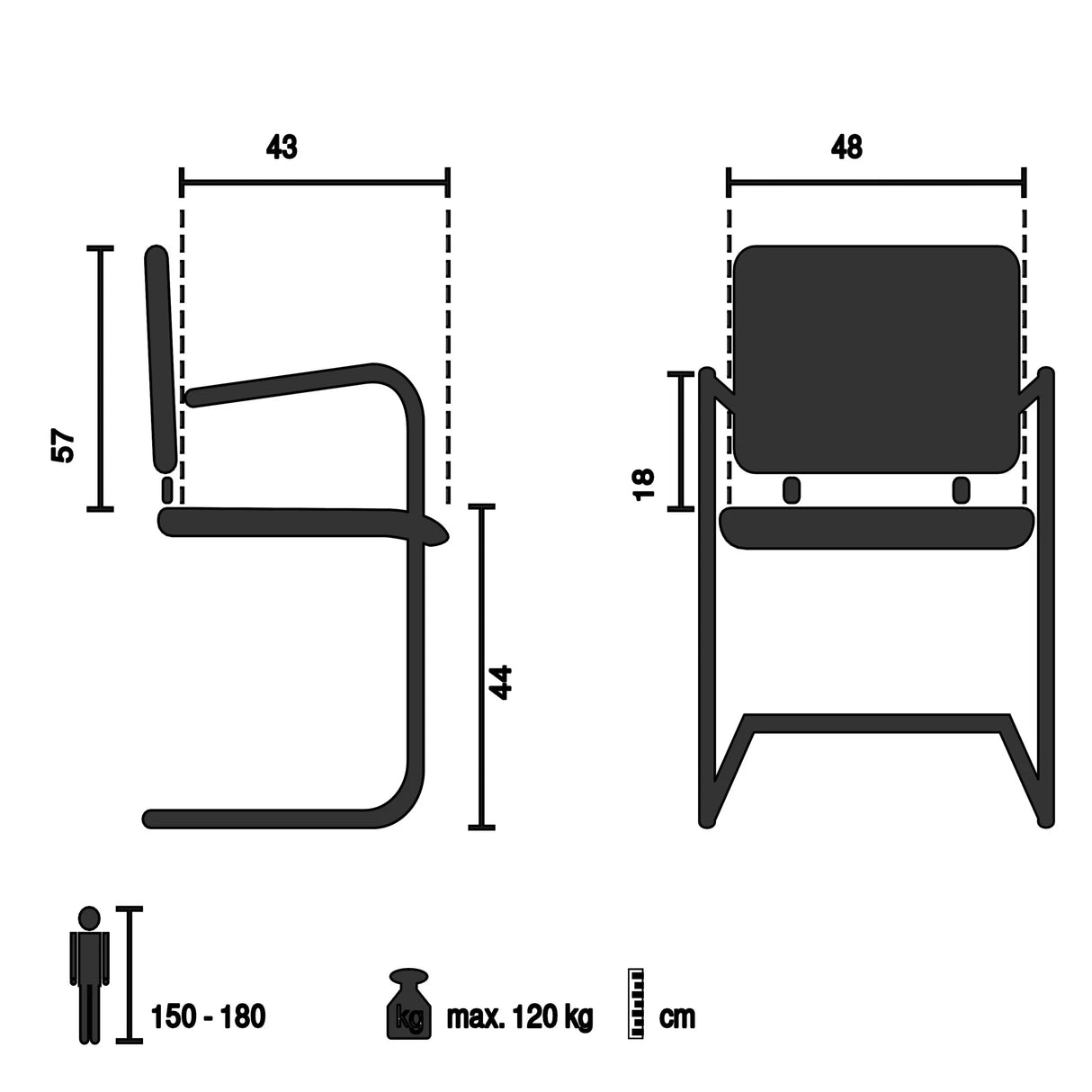 Technische Zeichnung des Freischwingers MILESTON V mit einer Breite von 48 cm von hjh OFFICE