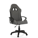 Grauer Gamingstuhl GAMEBREAKER W01 mit zwei Kopfstützenausschnitten und Fußkreuz mit fünf Rollen von MyBuero – 360-Grad-Ansicht (schräge Frontansicht 30°)
