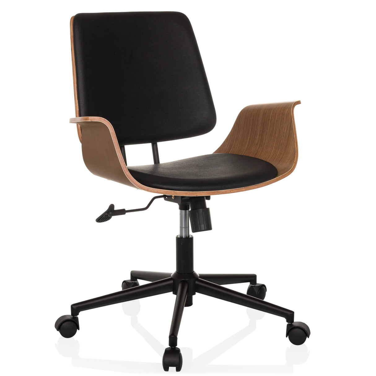 Schwarzer Homeoffice-Bürostuhl CENCA II mit Holzschale und Fußkreuz mit fünf Rollen von hjh LIVING – 360-Grad-Ansicht (schräge Frontansicht 30°)