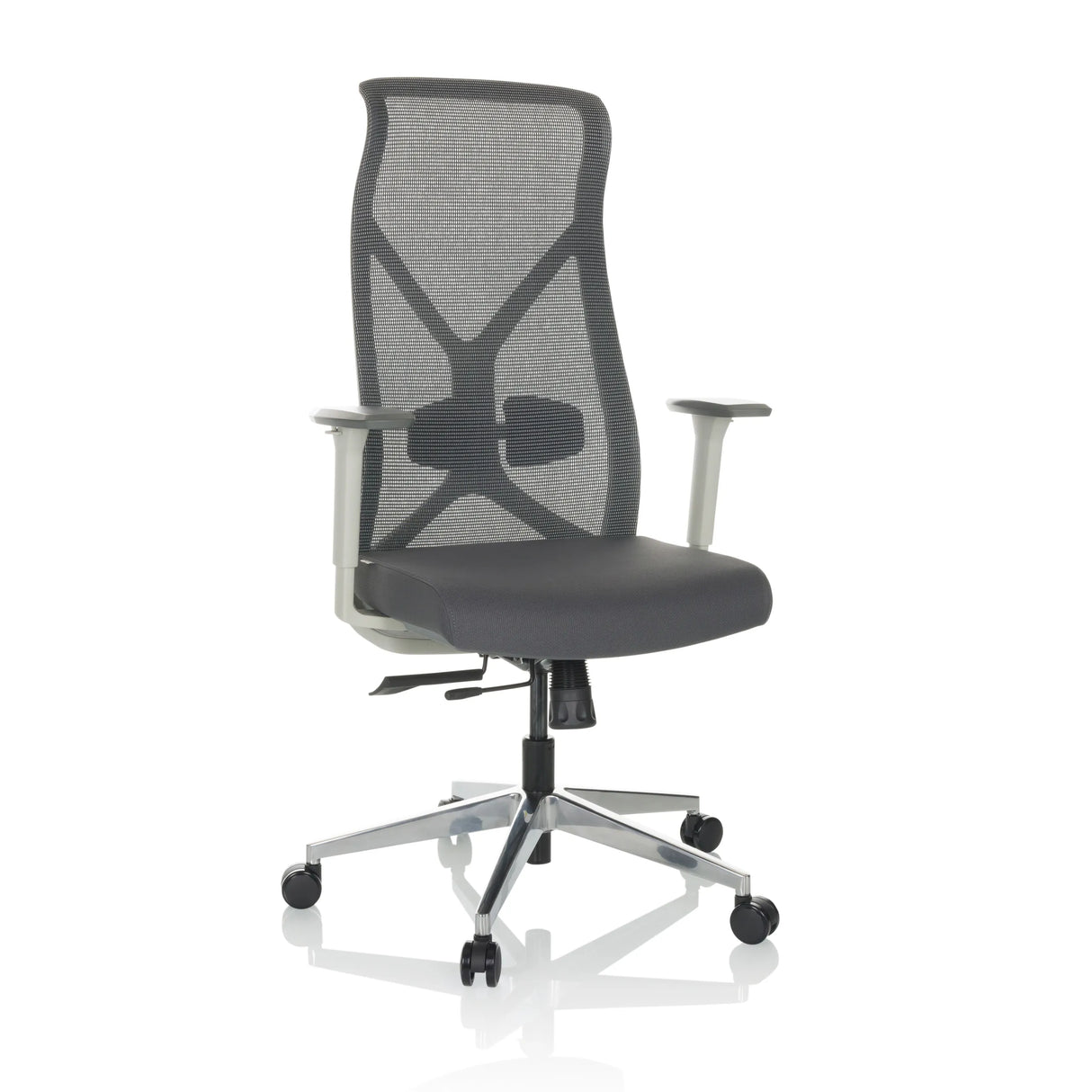 Grauer Profi-Bürostuhl AZURRO WHITE mit Netzrücken und Fußkreuz mit fünf Rollen von hjh OFFICE – 360-Grad-Ansicht (Frontansicht 15°)