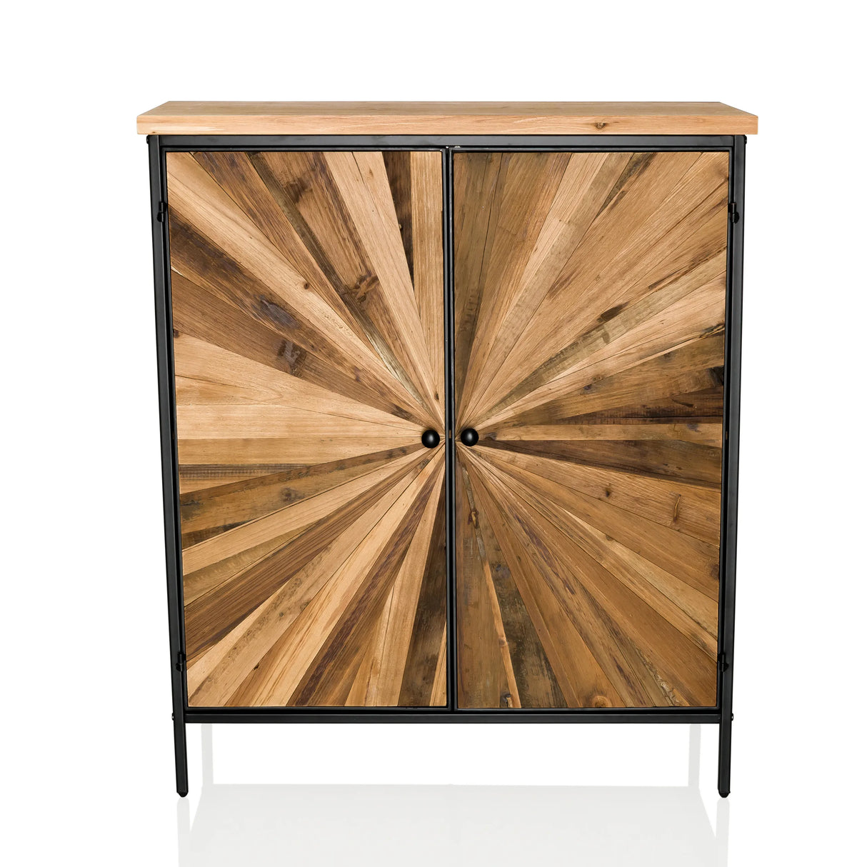 Kommode SANTJAGO BLACK SUN XL mit zwei Türen aus strahlenförmig angeordnetem Holz und schwarzem Metallrahmen von hjh LIVING