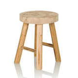 Brauner Sitzhocker RUSTIKO W aus Holz mit runder Sitzfläche und Querstreben von hjh LIVING – 360-Grad-Ansicht (schräge Frontansicht 45°)