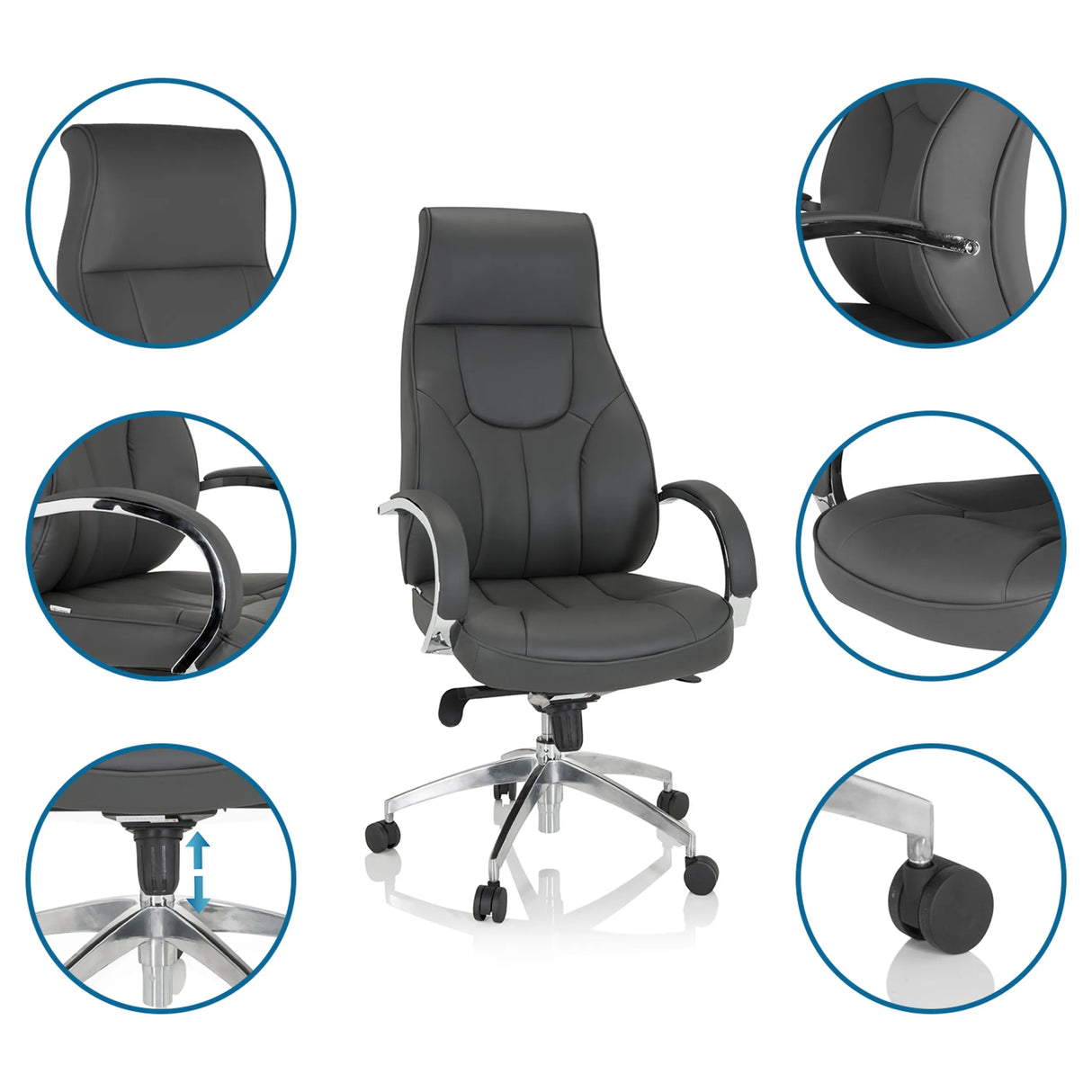 Grauer Profi-Chefsessel ELEGANCE I mit Detailansichten der Polsterung, Armlehnen und Gasfeder von hjh OFFICE