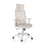 Beiger Homeoffice-Bürostuhl MIKEO W mit Kopfstütze und weißem Fußkreuz mit fünf Rollen von hjh OFFICE – 360-Grad-Ansicht (schräge Frontansicht 30°)