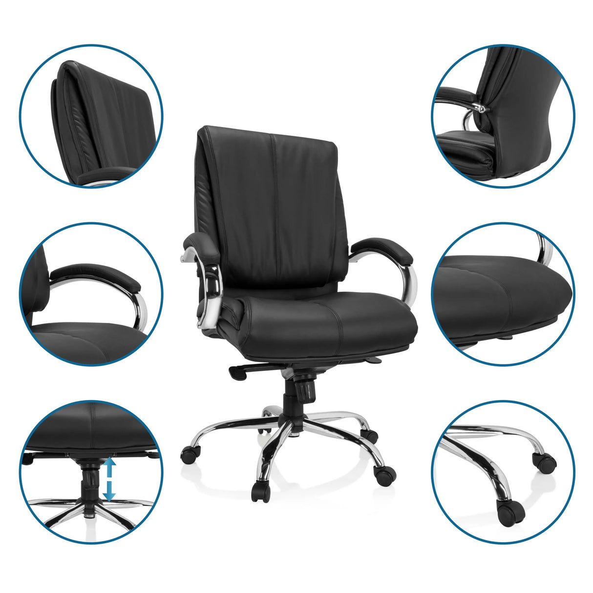 Schwarzer Drehstuhl XXL H 100 aus Kunstleder mit verschiedenen Detailansichten der Funktionen von hjh OFFICE