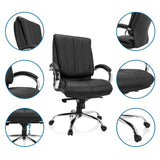 Schwarzer Drehstuhl XXL H 100 aus Kunstleder mit verschiedenen Detailansichten der Funktionen von hjh OFFICE