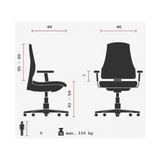Technische Zeichnung des Profi-Bürostuhls SITNESS 15 U2 mit einer maximalen Belastbarkeit von 110 kg von Topstar