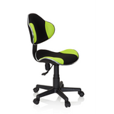 Schwarz-grüner Kinderdrehstuhl KIDDY GTI-2 mit Netzbezug und Fußkreuz mit fünf Rollen von hjh OFFICE – 360-Grad-Ansicht (schräge Frontansicht 60°)