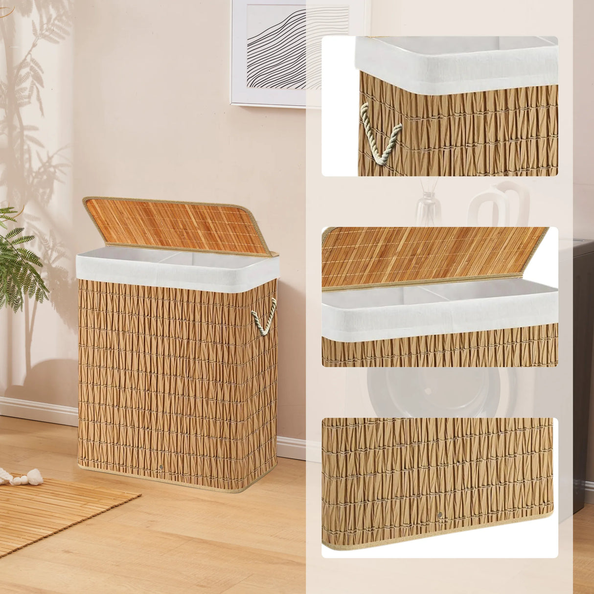 Wäschekorb FALSTER XL R aus geflochtenem Material in Braun mit weißem Innenfutter und Deckel von hjh LIVING