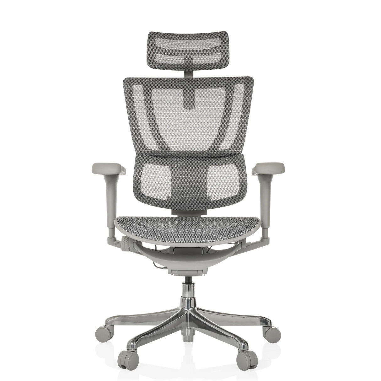 Grauer Luxus-Chefsessel ERGOHUMAN SLIM ULTRA G GEN2 mit Netzrücken und Fußkreuz mit fünf Rollen von hjh OFFICE – 360-Grad-Ansicht (Frontansicht 0°)