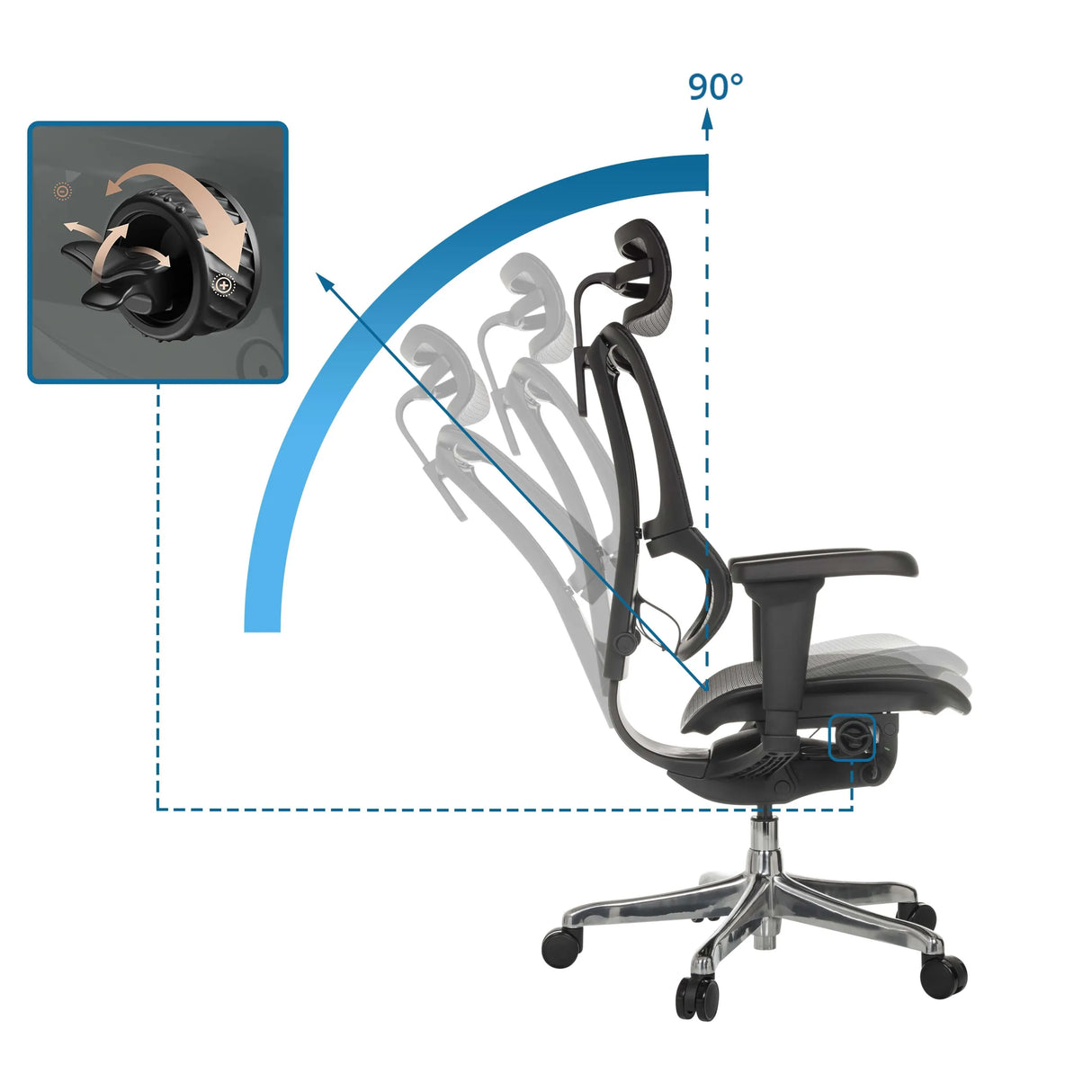 Verstellbare Rückenlehne bis 90 Grad des Luxus-Chefsessel ERGOHUMAN SLIM ULTRA GEN2 mit Drehregler von hjh OFFICE