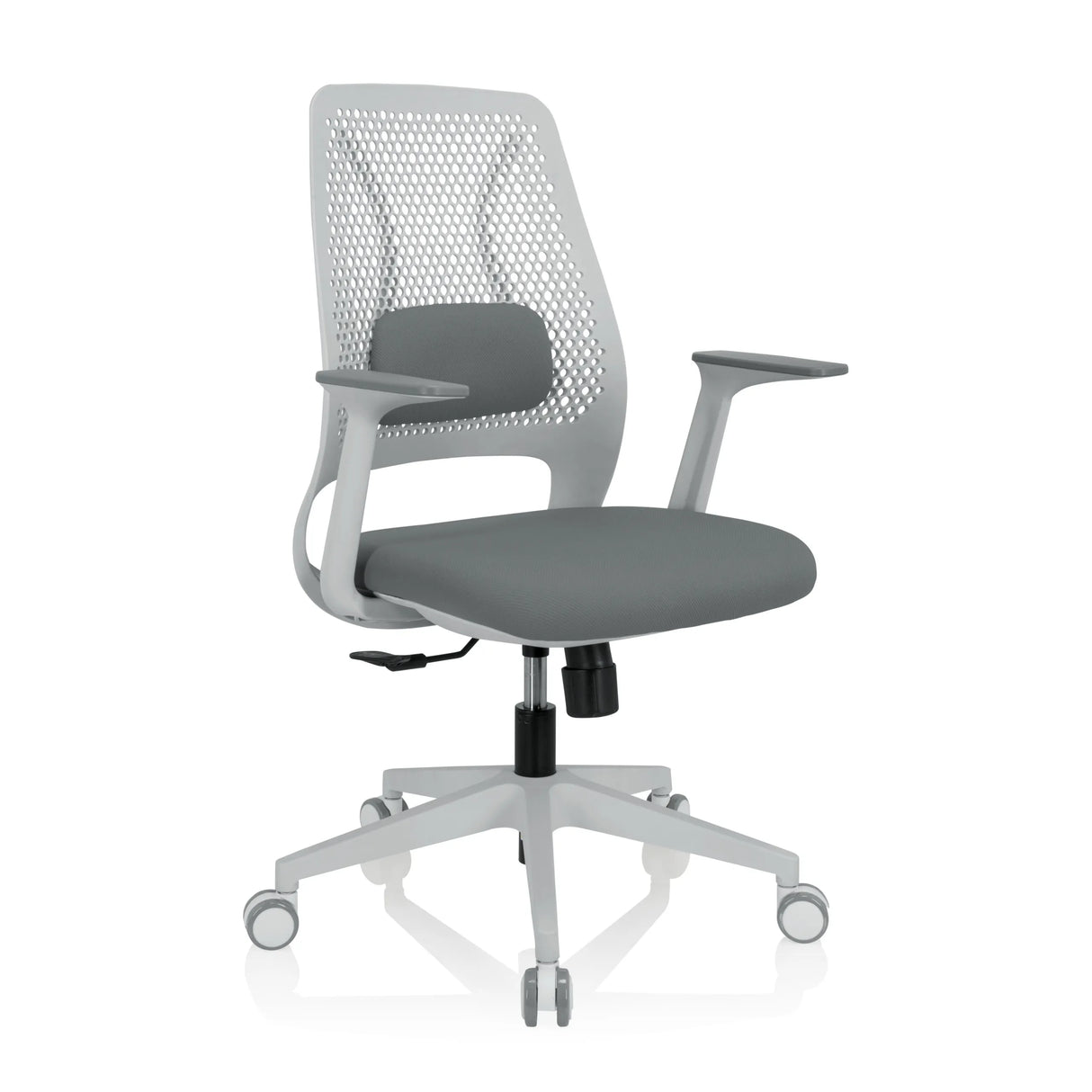 Grauer Homeoffice-Bürostuhl PARFERIO W mit Netzrücken und Fußkreuz mit fünf Rollen von hjh OFFICE – 360-Grad-Ansicht (schräge Frontansicht 40°)