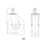 Technische Zeichnung der Stuhlrolle 5x ROLO SKATE ST 11mm/75mm mit einem Durchmesser von 76 mm von hjh OFFICE