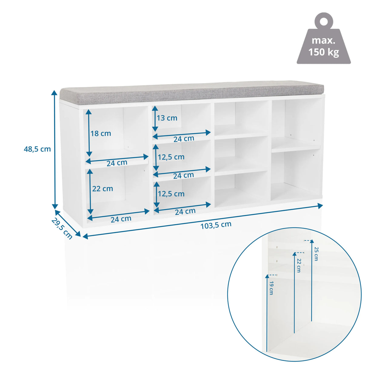 Maßzeichnung des Schuhschranks ESTHA 10 mit 103,5 × 48,5 cm und einer Belastbarkeit von 150 kg von hjh LIVING