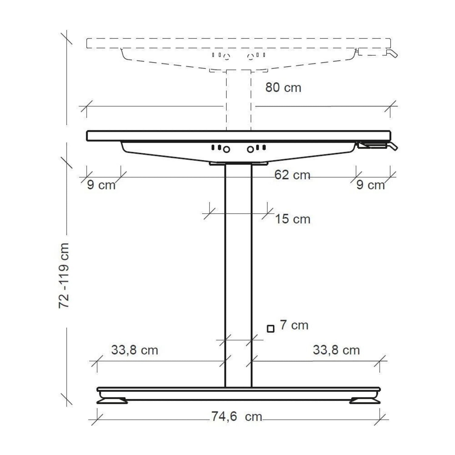 Maßzeichnung des Schreibtischs XMST 22 S mit einer Höhe von 72-119 cm und Fußbreite von 74,6 cm von hjh OFFICE PRO