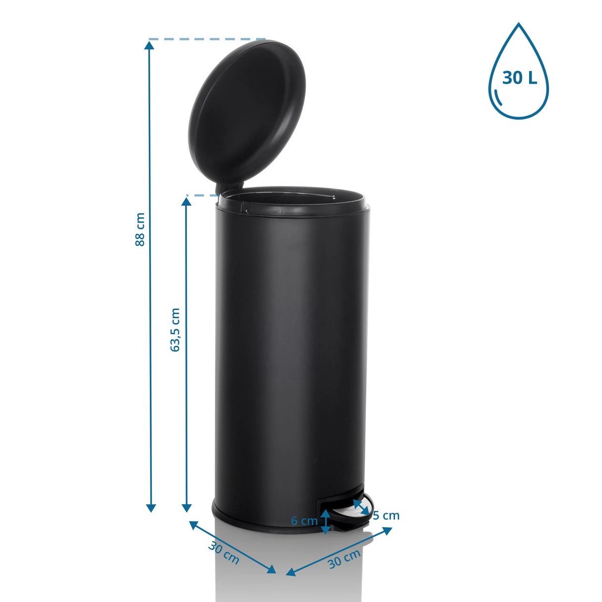 Maßzeichnung des Mülleimers CLEAN STEP mit 30 Litern Volumen und 88 cm Gesamthöhe von hjh OFFICE