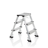 Silberne Klappleiter SOLID IV aus Aluminium mit drei Stufen von hjh OFFICE – 360-Grad-Ansicht (schräge Frontansicht 60°)