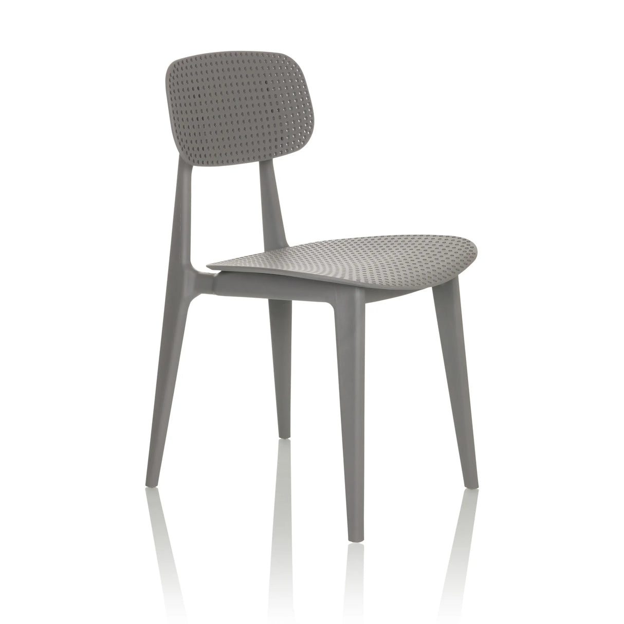 Grauer Outdoor-Stuhl ARTIFO HOL mit perforierter Rückenlehne und Sitzfläche von hjh OFFICE – 360-Grad-Ansicht (schräge Frontansicht 45°)