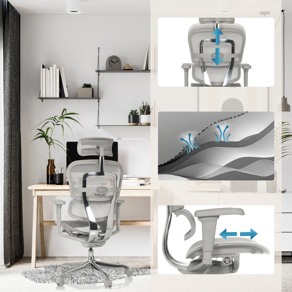 Luxus-Chefsessel ERGOHUMAN ULTRA G GEN2 in Grau mit verstellbarer Kopfstütze, Sitzfläche und Armlehnen von hjh OFFICE