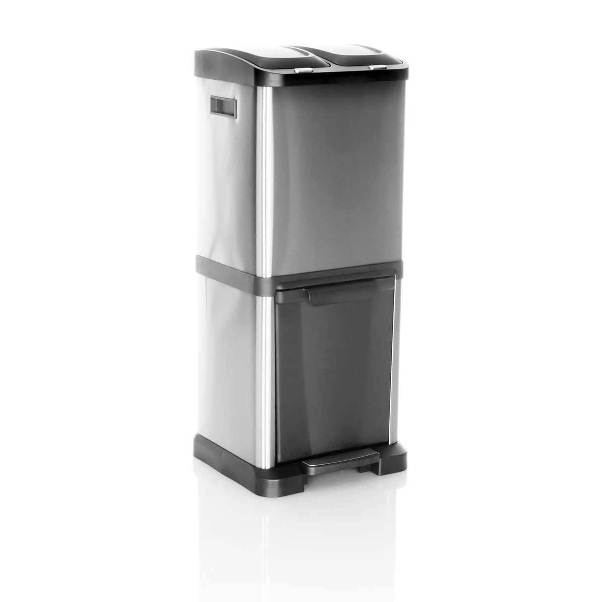 Silberner Mülleimer CLEAN VII mit zwei getrennten Behältern und Fußpedal von hjh OFFICE – 360-Grad-Ansicht (schräge Frontansicht 30°)