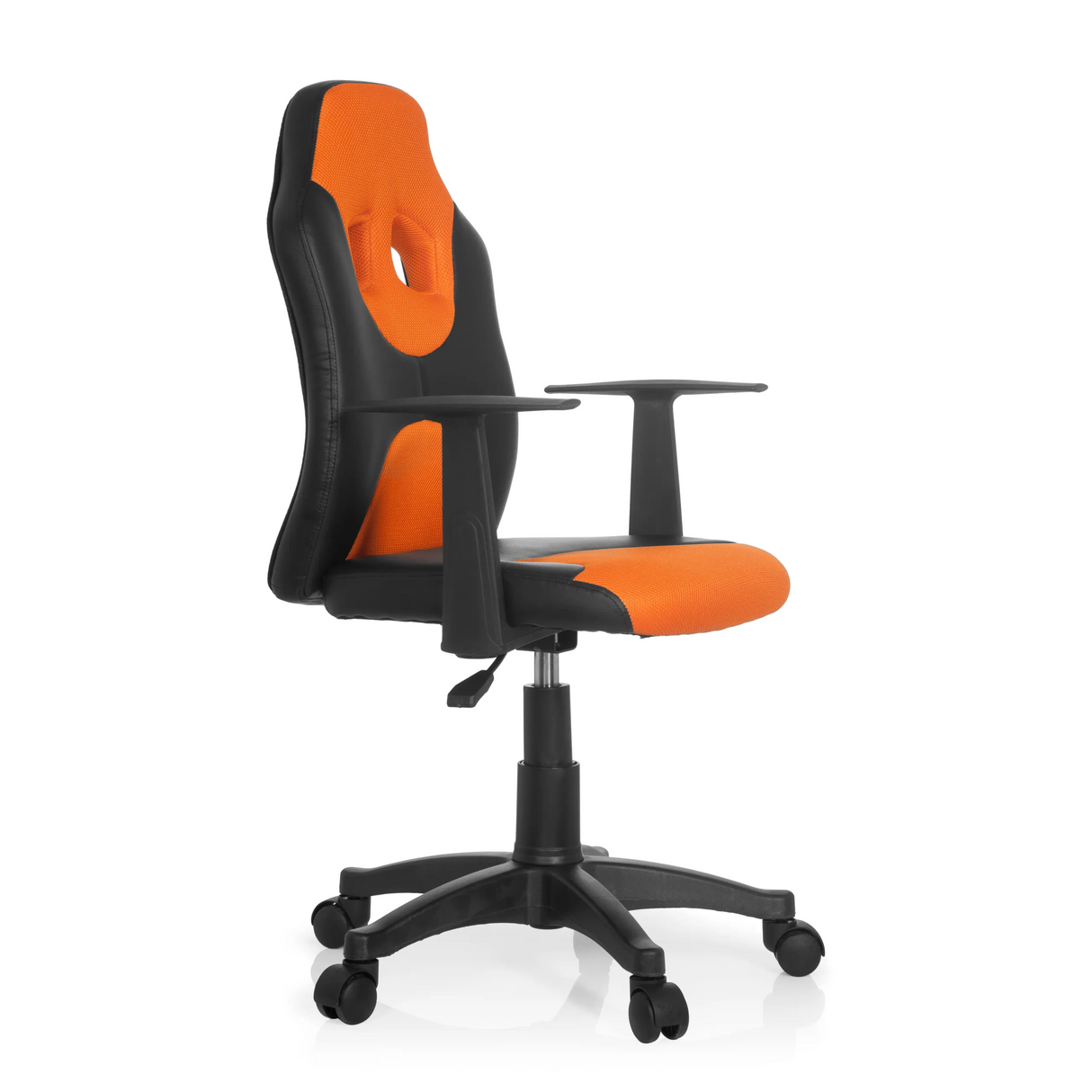 Schwarz-orangefarbener Kinderdrehstuhl KID GAME AL mit Netzrücken und Fußkreuz mit fünf Rollen von hjh OFFICE – 360-Grad-Ansicht (schräge Frontansicht 60°)