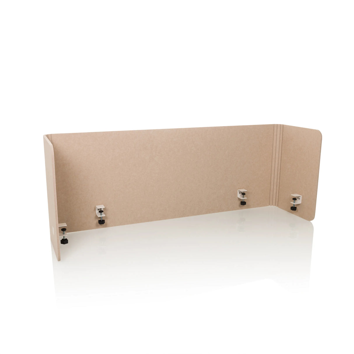 Beige Tischtrennwand FLEXMIUT U mit seitlichen Flügeln und vier Befestigungsklammern von hjh OFFICE – 360-Grad-Ansicht (Frontansicht 15°)