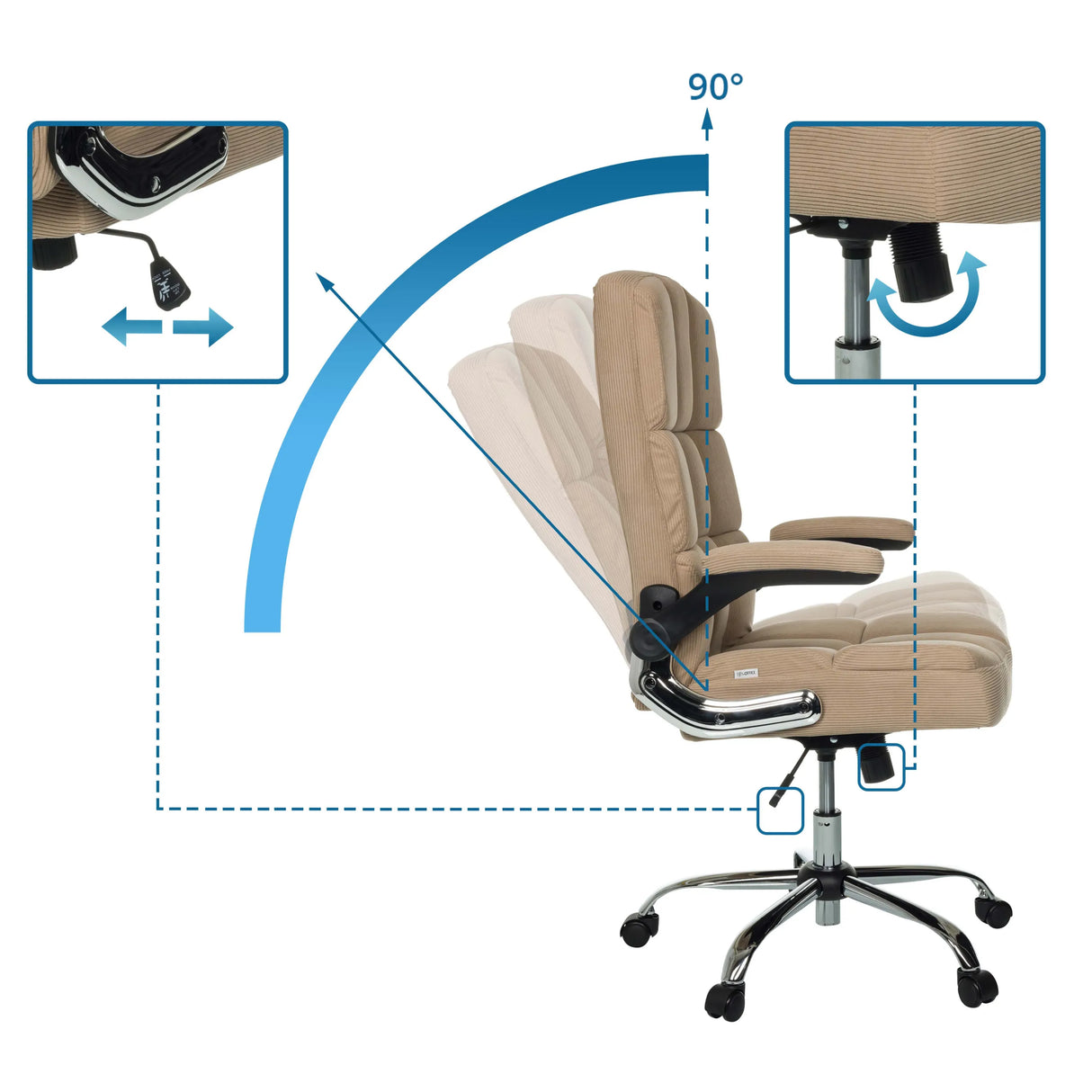 Verstellbare Rückenlehne mit Neigung bis 90 Grad des Homeoffice Chefsessels RELAX WD 100 von MyBuero