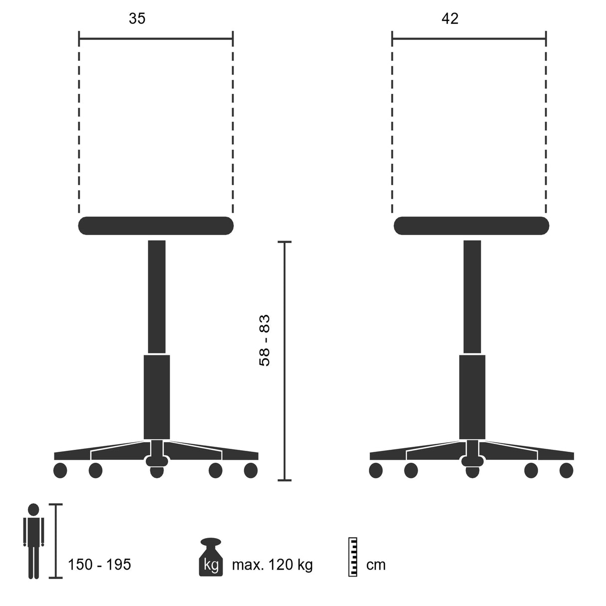 Technische Zeichnung des Sattelhockers MOVE-TEC 3D PRO I mit einer Höhe von 58 bis 83 cm von hjh OFFICE