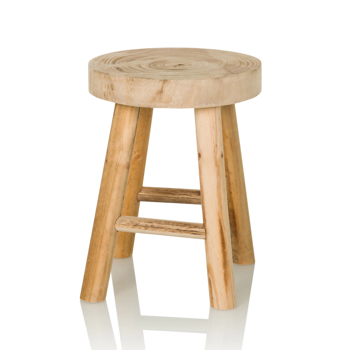 Brauner Sitzhocker RUSTIKO W aus Holz mit runder Sitzfläche und Querstreben von hjh LIVING – 360-Grad-Ansicht (Frontansicht 15°)