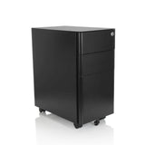 Schwarzer Rollcontainer COLOR I aus Metall mit drei Schubladen und vier Rollen von hjh OFFICE – 360-Grad-Ansicht (schräge Frontansicht 40°)