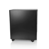 Schwarzer Rollcontainer COLOR I aus Metall mit drei Schubladen und vier Rollen von hjh OFFICE – 360-Grad-Ansicht (Seitenprofil 80°)