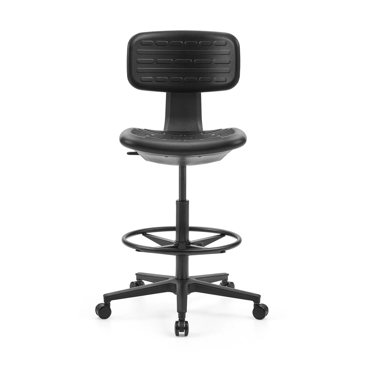 Schwarzer Counterstuhl TOP WORK B mit Fußring und Fußkreuz mit fünf Rollen von hjh OFFICE – 360-Grad-Ansicht (Frontansicht 0°)