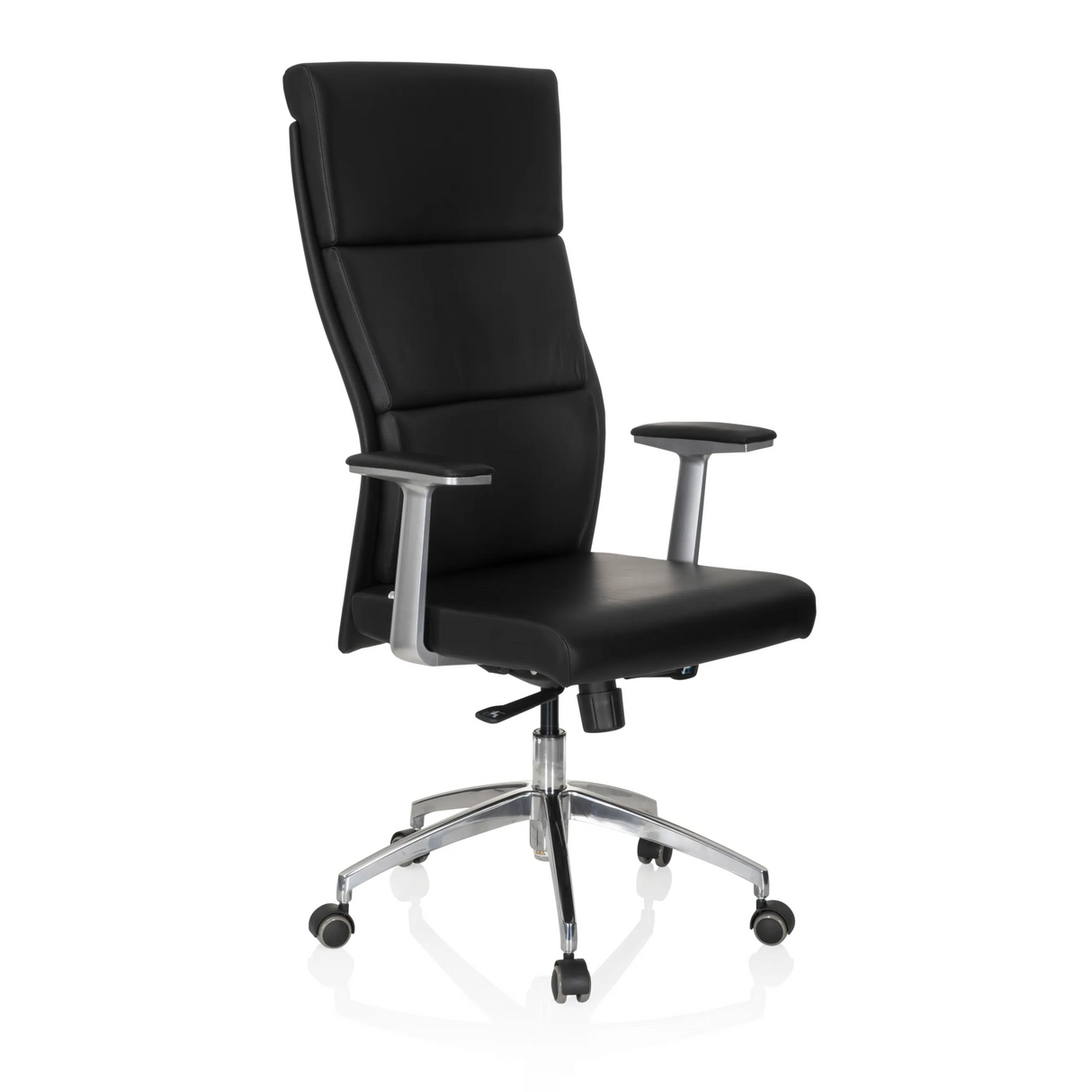 Schwarzer Luxus-Chefsessel MONZA 20 mit Armlehnen und einem Fußkreuz mit fünf Rollen von hjh OFFICE – 360-Grad-Ansicht (schräge Frontansicht 40°)