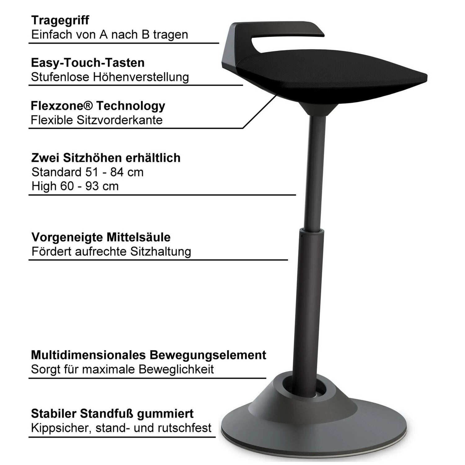 Schwarze Stehhilfe AERIS MUVMAN mit integriertem Tragegriff und gummierter Standfußplatte von Aeris - Impulsmöbel