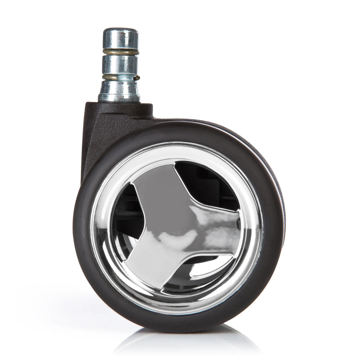 Schwarze Stuhlrolle 5x ROLO GAME No-Noise 11mm/60mm für Hartböden mit Chrom-Details von hjh OFFICE – 360-Grad-Ansicht (Rückenansicht 180°)