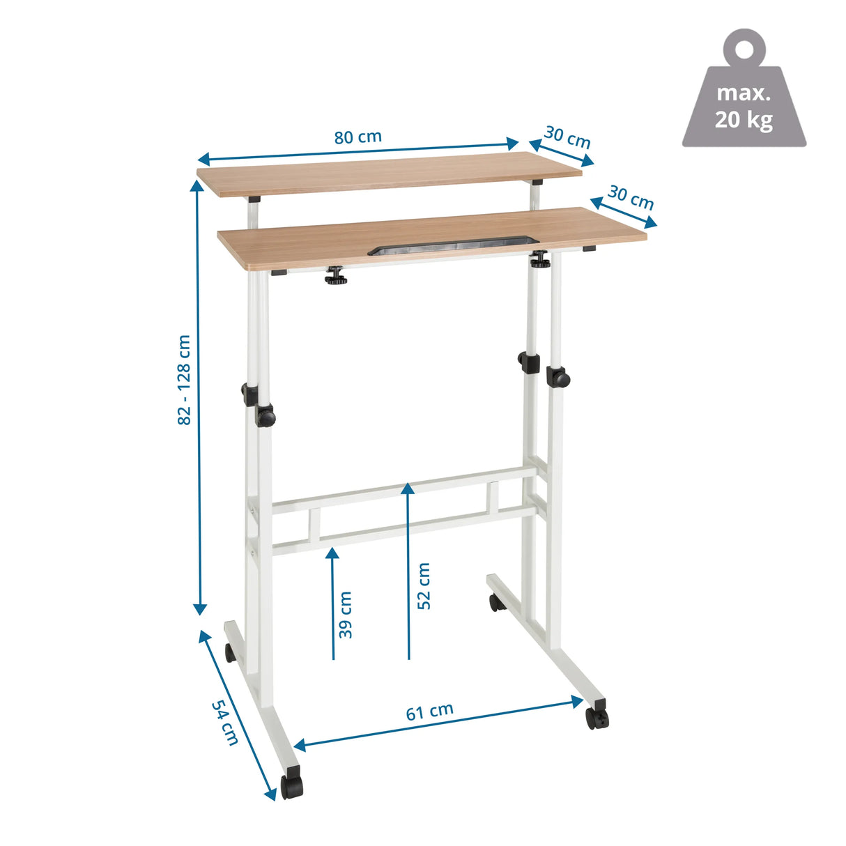 Maßzeichnung des Stehschreibtischs WORKSTATION I mit 80 × 61 cm und einer Belastbarkeit von 20 kg von hjh OFFICE