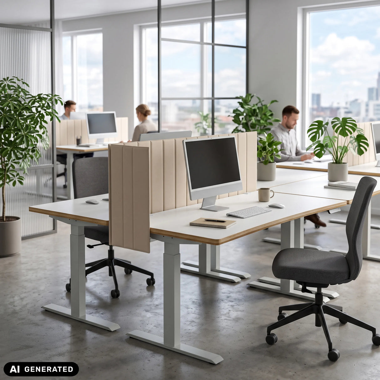 Beige Tischtrennwände FLEXMIUT ROLL mit einer Breite von 160 cm an einem weißen Schreibtisch von hjh OFFICE