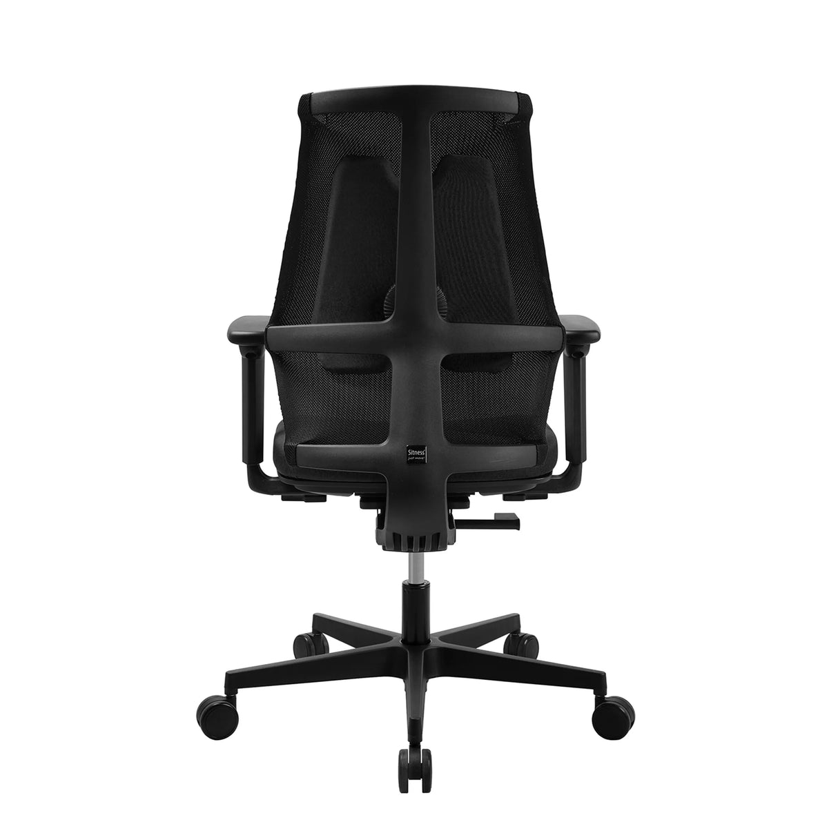 Rückansicht des Profi-Bürostuhls Sitness X Back in Schwarz mit Netzrückenlehne und fünfarmigem Fußkreuz von Topstar