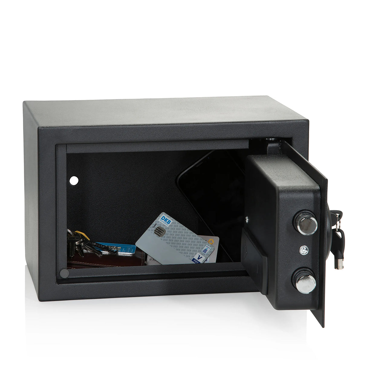 Offener Tresor SAFE COMPACT III in Schwarz mit zwei Drehgriffen, einem Schlüssel und Inhalt von hjh OFFICE