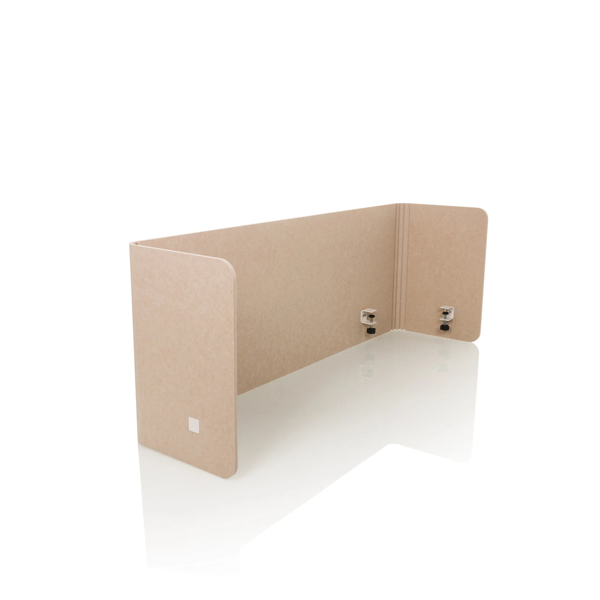 Beige Tischtrennwand FLEXMIUT U mit seitlichen Flügeln und vier Befestigungsklammern von hjh OFFICE – 360-Grad-Ansicht (schräge Frontansicht 45°)
