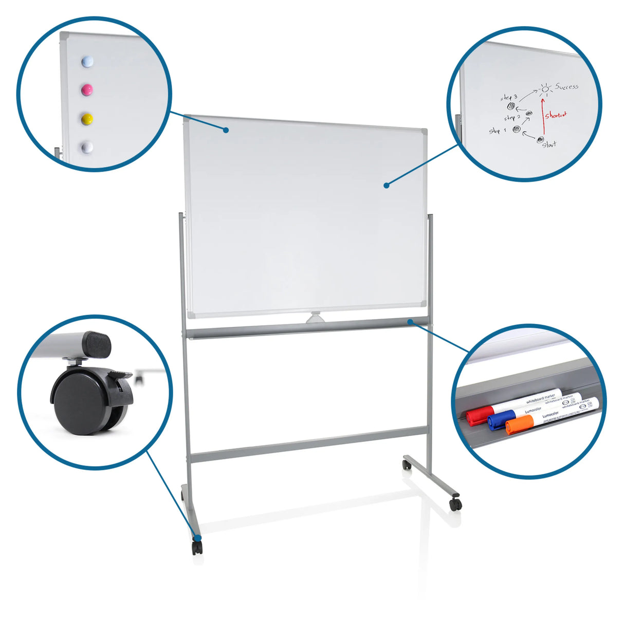 Whiteboard MULTIBOARD I in Weiß-Silber mit Rollen, Magnetmarkern und Ablage von hjh OFFICE