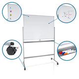 Whiteboard MULTIBOARD I in Weiß-Silber mit Rollen, Magnetmarkern und Ablage von hjh OFFICE