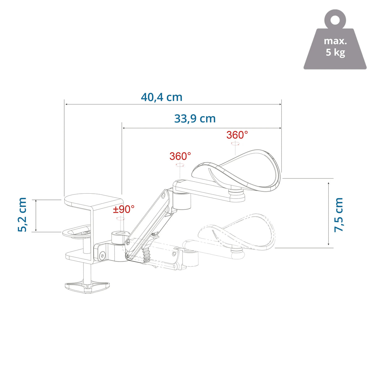 Technische Zeichnung der Armstütze RELEX RT1 mit 40,4 cm Länge und 5 kg Traglast von hjh OFFICE