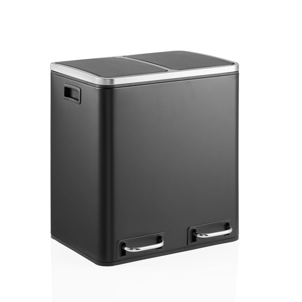 Schwarzer Mülleimer Clean 9 mit zwei Fächern, silbernem Deckelrand und zwei Tragegriffen von hjh OFFICE – 360-Grad-Ansicht (schräge Frontansicht 30°)